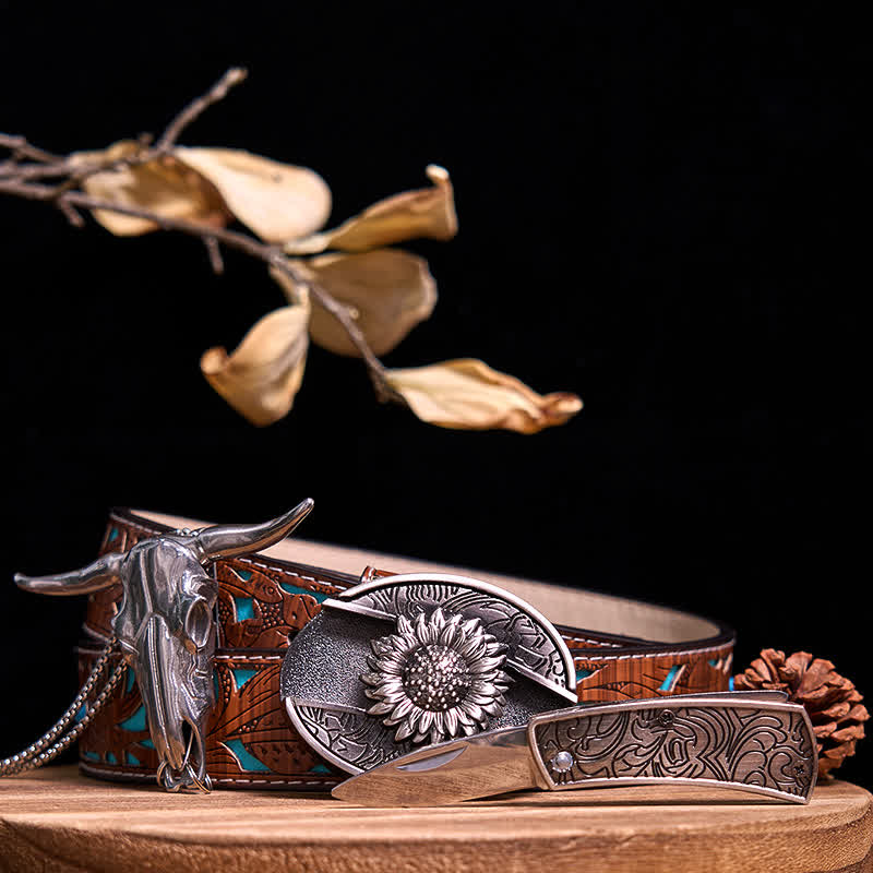 Ensemble de pendentifs en forme de taureau à longues cornes, couteau caché à faire soi-même, gadget occidental - Tournesol - Ceinture sculptée en turquoise - 40 - image 4