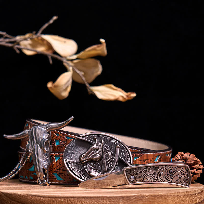 Ensemble de pendentifs en forme de taureau à longues cornes, couteau caché à faire soi-même, gadget occidental - Cheval - Ceinture sculptée en turquoise - 40 - image 40
