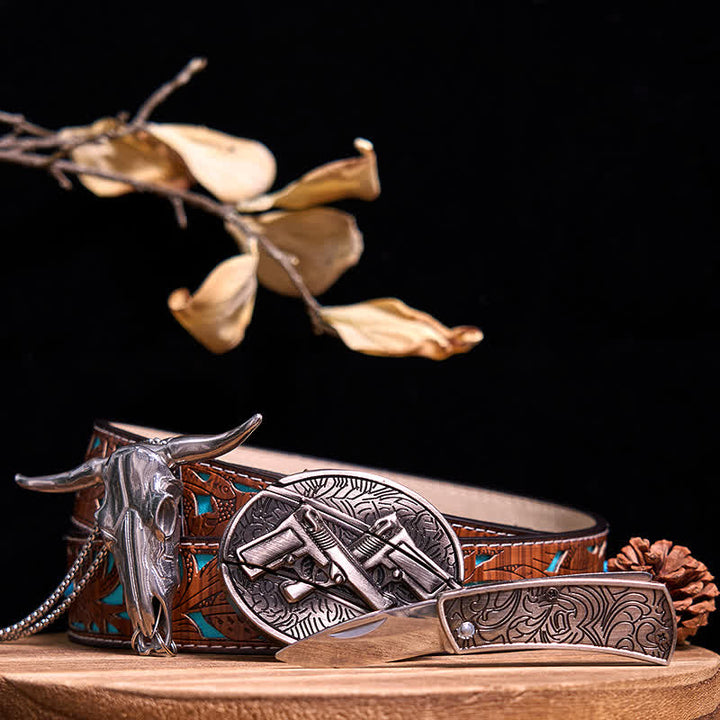 Ensemble de pendentifs en forme de taureau à longues cornes, couteau caché à faire soi-même, gadget occidental - Pistolets doubles - Ceinture sculptée en turquoise - 40 - image 46