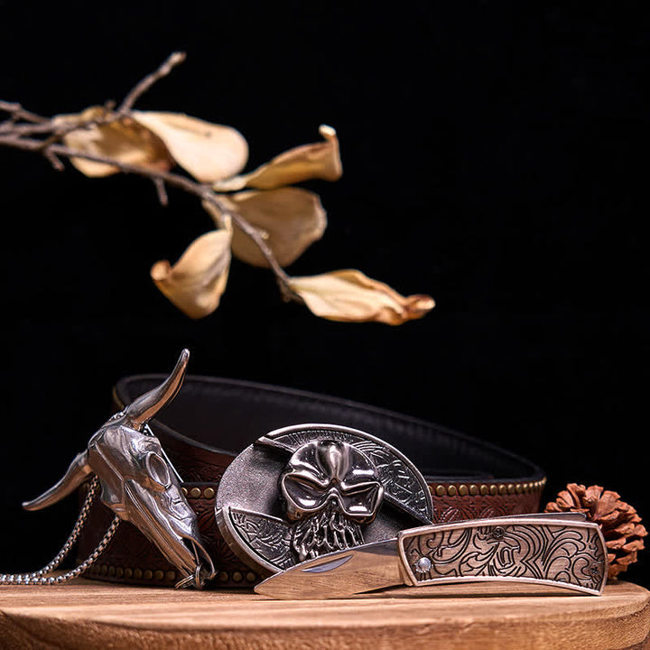Ensemble de pendentifs en forme de taureau à longues cornes, couteau caché à faire soi-même, gadget occidental - Crâne - Ceinture à rivets marron - 40 - image 61