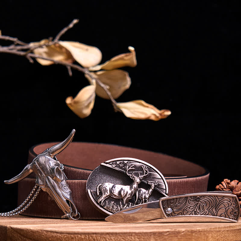 Ensemble de pendentifs en forme de taureau à longues cornes, couteau caché à faire soi-même, gadget occidental - Cerfs doubles - Ceinture marron vieillie - 40 - image 12