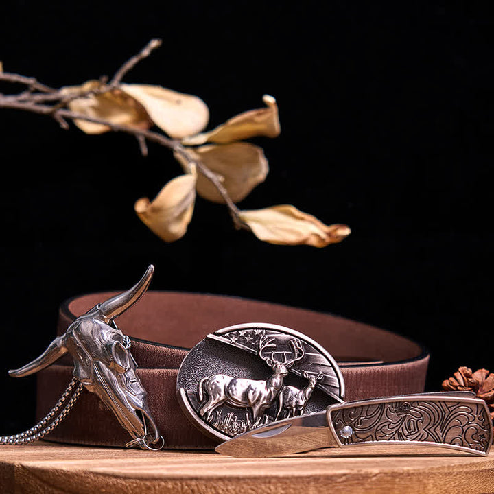 Ensemble de pendentifs en forme de taureau à longues cornes, couteau caché à faire soi-même, gadget occidental - Cerfs doubles - Ceinture marron vieillie - 40 - image 12