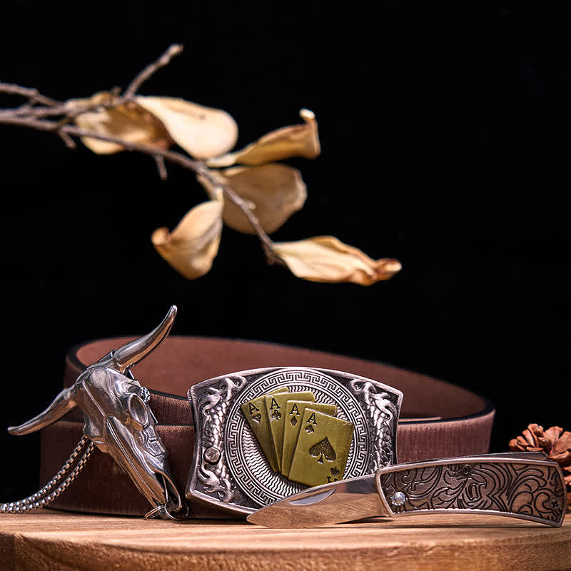 Ensemble de pendentifs en forme de taureau à longues cornes, couteau caché à faire soi-même, gadget occidental - Poker d'or - Ceinture marron vieillie - 40 - image 75