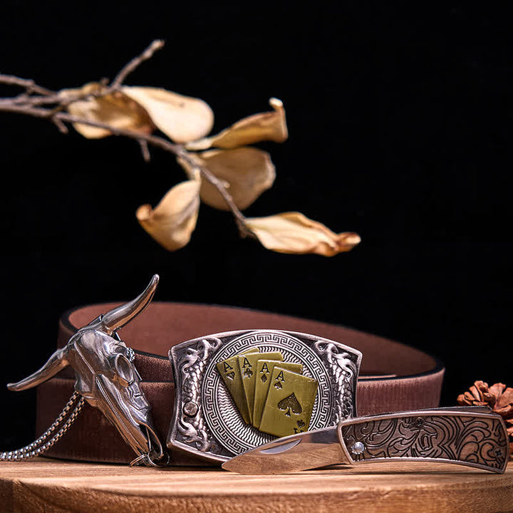 Ensemble de pendentifs en forme de taureau à longues cornes, couteau caché à faire soi-même, gadget occidental - Poker d'or - Ceinture marron vieillie - 40 - image 75