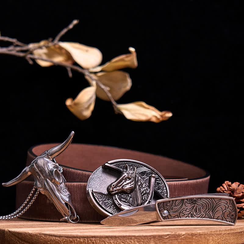 Ensemble de pendentifs en forme de taureau à longues cornes, couteau caché à faire soi-même, gadget occidental - Cheval - Ceinture marron vieillie - 40 - image 42