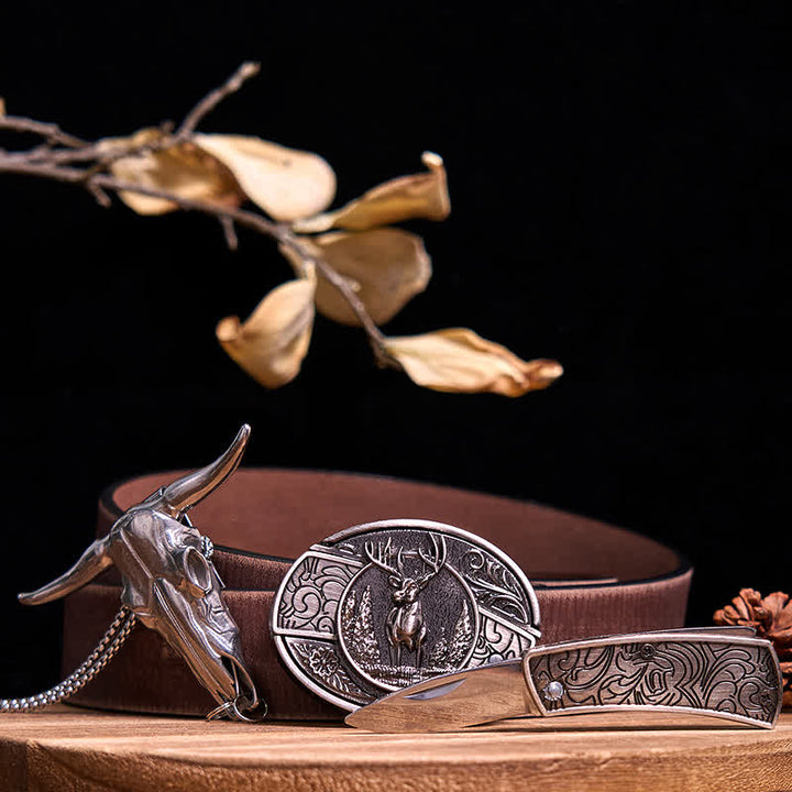 Ensemble de pendentifs en forme de taureau à longues cornes, couteau caché à faire soi-même, gadget occidental - Cerf - Ceinture marron vieillie - 40 - image 18