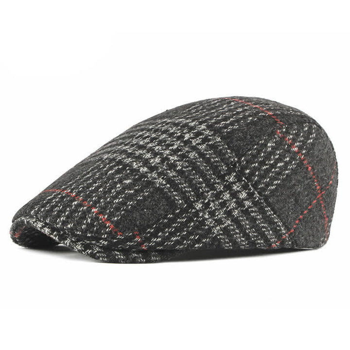 Béret à visière en laine mélangée à carreaux rayés vintage