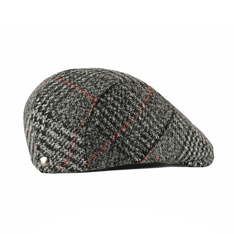 Béret à visière en laine mélangée à carreaux rayés vintage