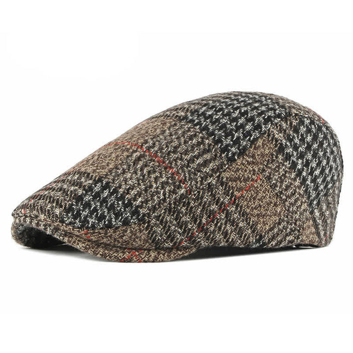 Béret à visière en laine mélangée à carreaux rayés vintage