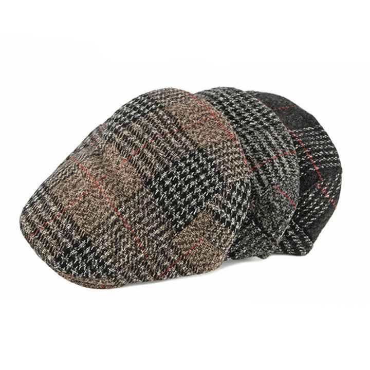 Béret à visière en laine mélangée à carreaux rayés vintage