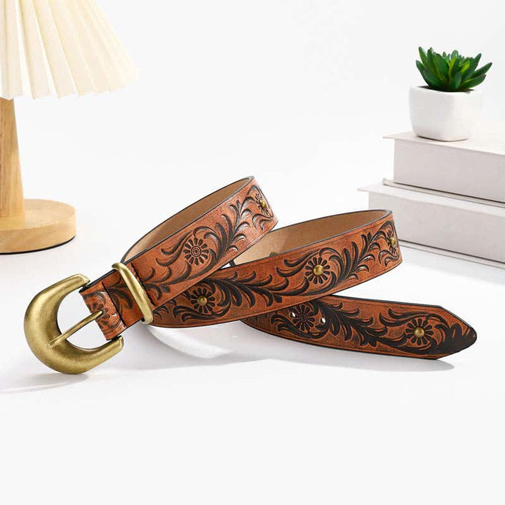 Ceinture en cuir à rivets bronze et motif floral marguerite marron