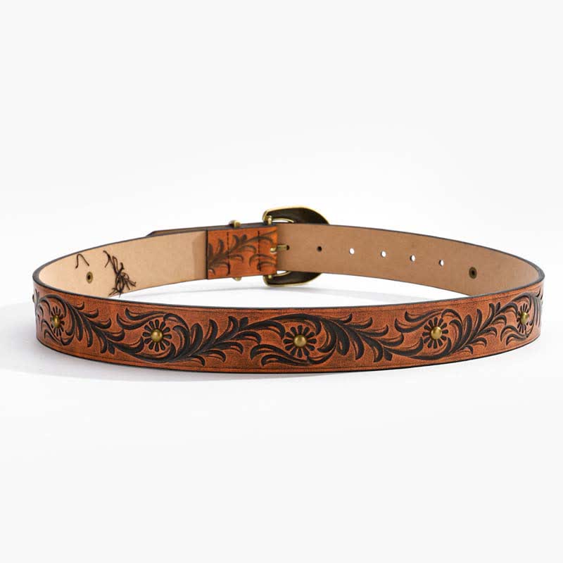 Ceinture en cuir à rivets bronze et motif floral marguerite marron