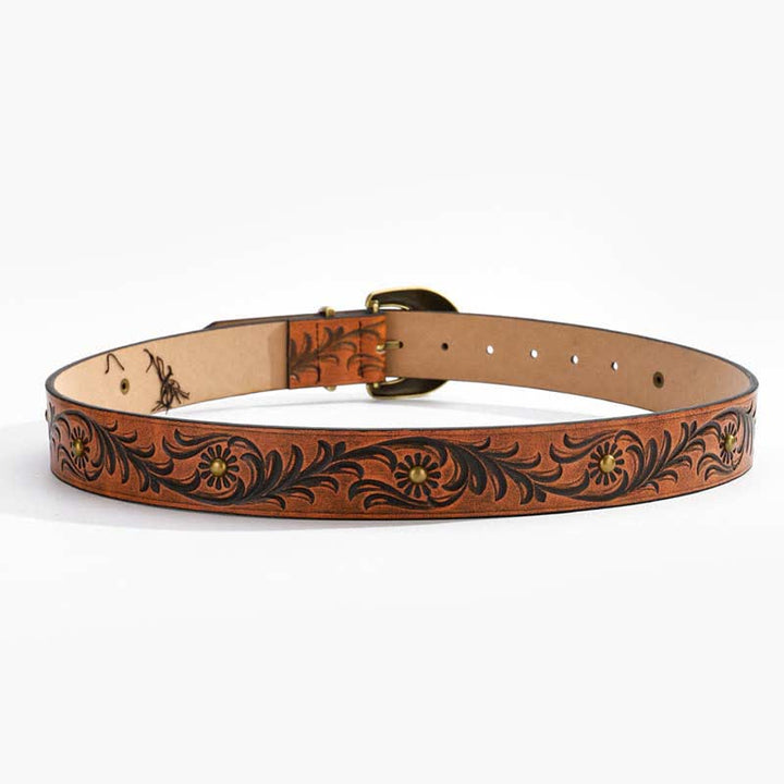 Ceinture en cuir à rivets bronze et motif floral marguerite marron