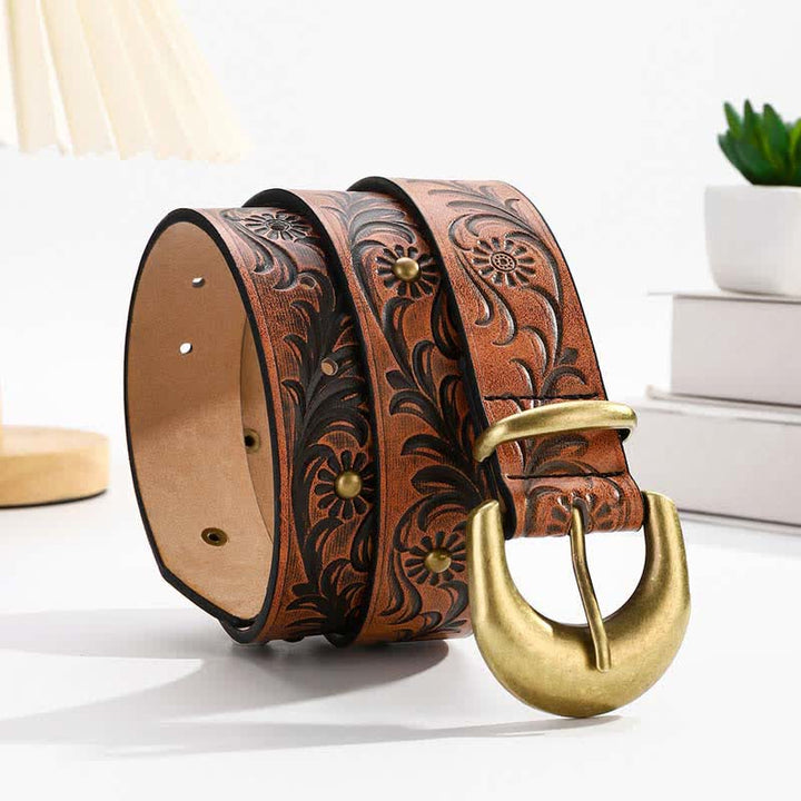 Ceinture en cuir à rivets bronze et motif floral marguerite marron