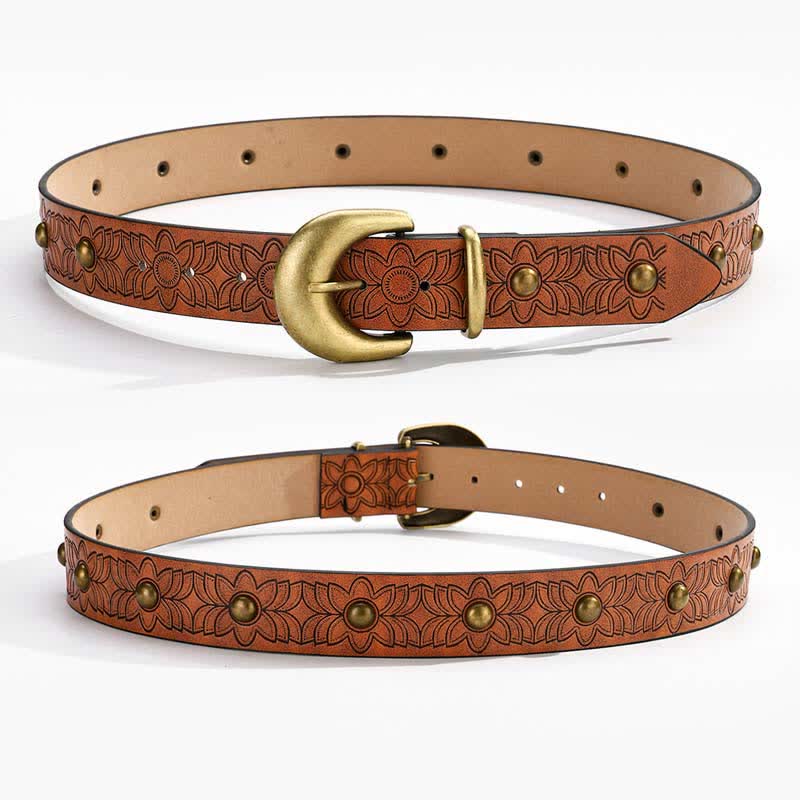 Ceinture en cuir à rivets bronze à imprimé floral élégant