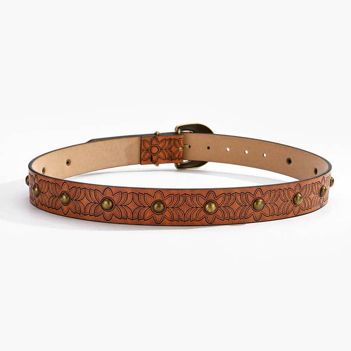 Ceinture en cuir à rivets bronze à imprimé floral élégant