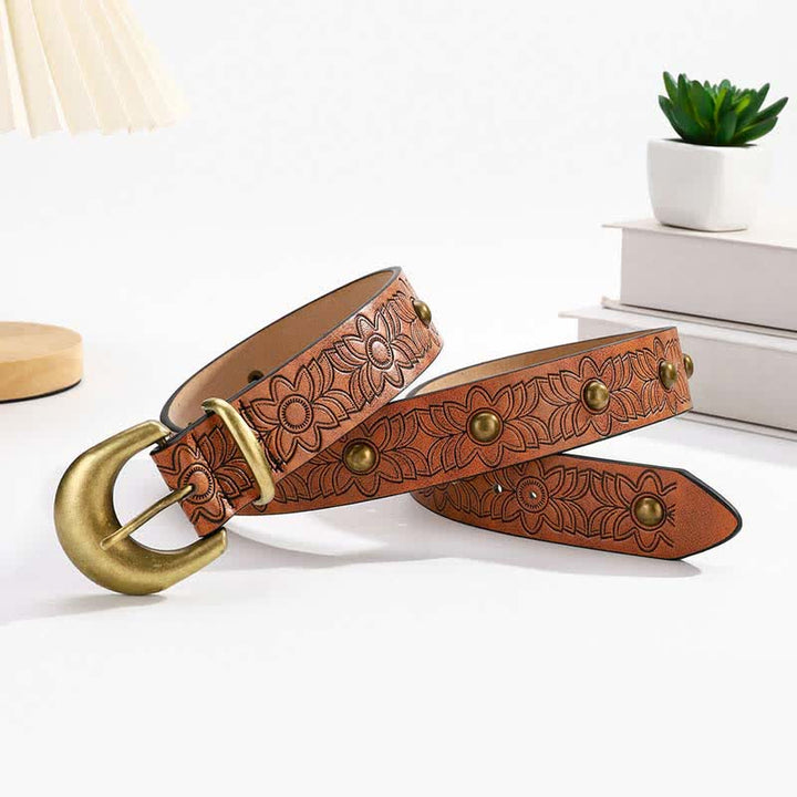 Ceinture en cuir à rivets bronze à imprimé floral élégant