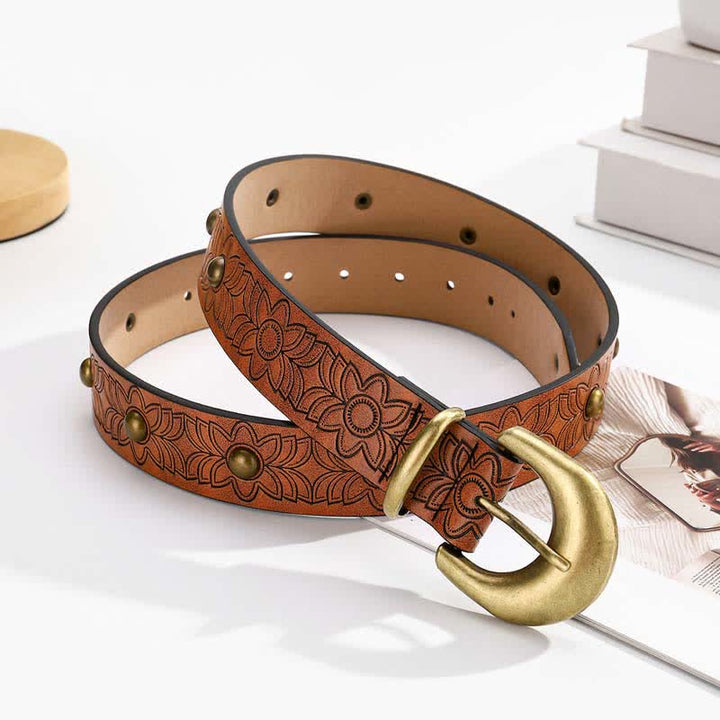 Ceinture en cuir à rivets bronze à imprimé floral élégant