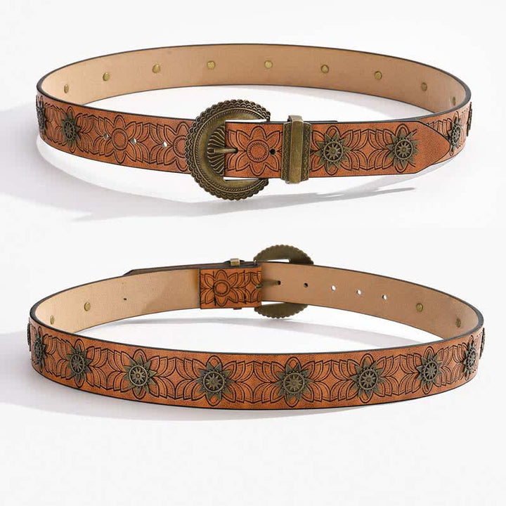 Ceinture en cuir à motif floral rétro incrusté de rivets en étoile