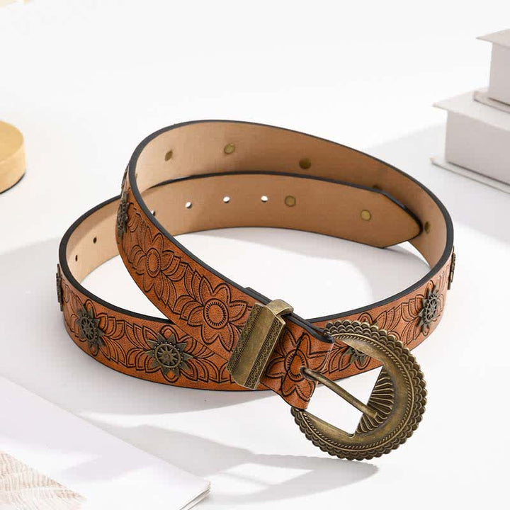Ceinture en cuir à motif floral rétro incrusté de rivets en étoile