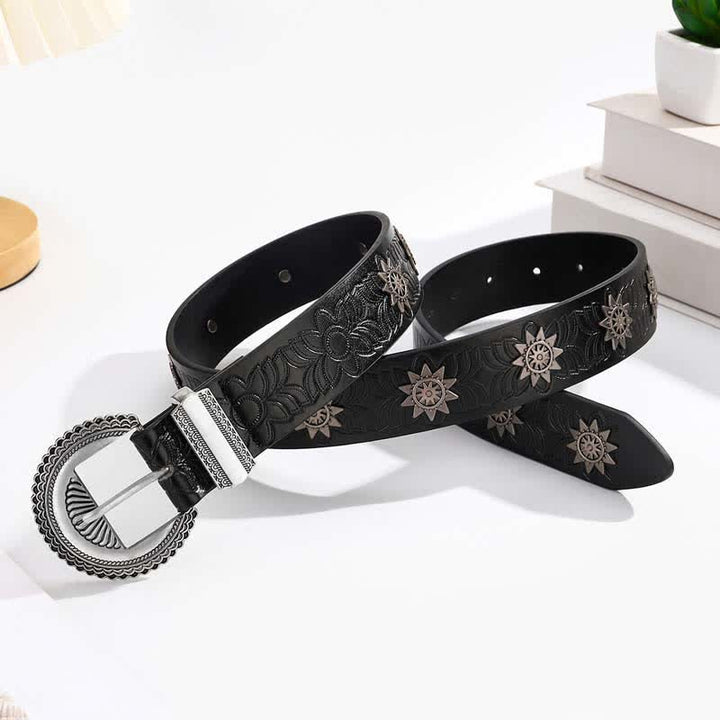 Ceinture en cuir à motif floral rétro incrusté de rivets en étoile