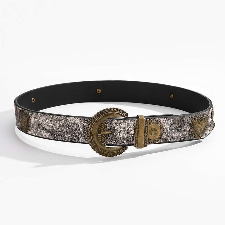 Ceinture en cuir à imprimé floral incrusté de rivets ronds et en forme de cœur