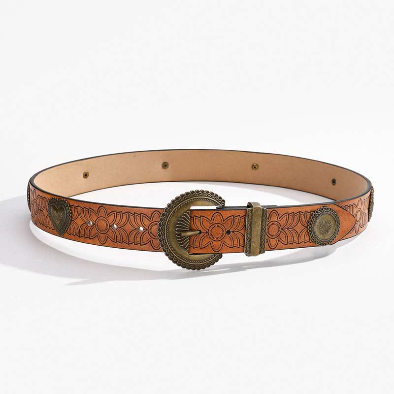 Ceinture en cuir à imprimé floral incrusté de rivets ronds et en forme de cœur