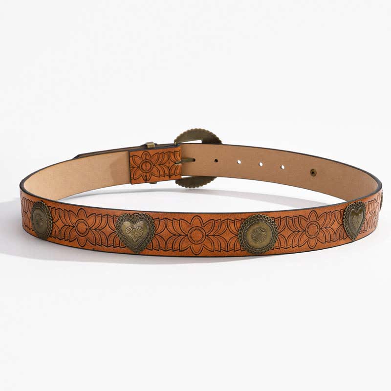 Ceinture en cuir à imprimé floral incrusté de rivets ronds et en forme de cœur