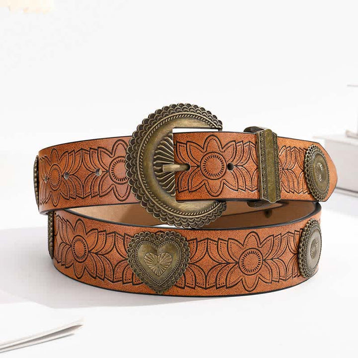 Ceinture en cuir à imprimé floral incrusté de rivets ronds et en forme de cœur