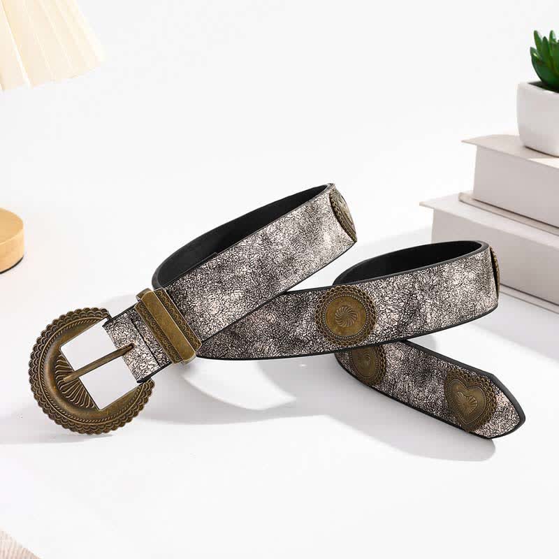 Ceinture en cuir à imprimé floral incrusté de rivets ronds et en forme de cœur