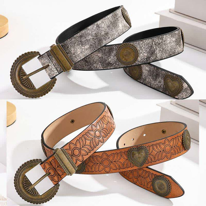 Ceinture en cuir à imprimé floral incrusté de rivets ronds et en forme de cœur