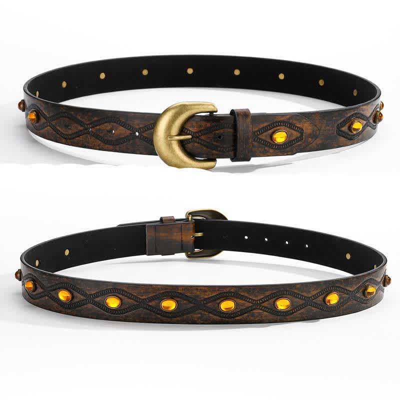 Ceinture en cuir à rivets et pierres précieuses brillantes couleur café foncé