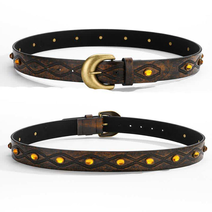 Ceinture en cuir à rivets et pierres précieuses brillantes couleur café foncé