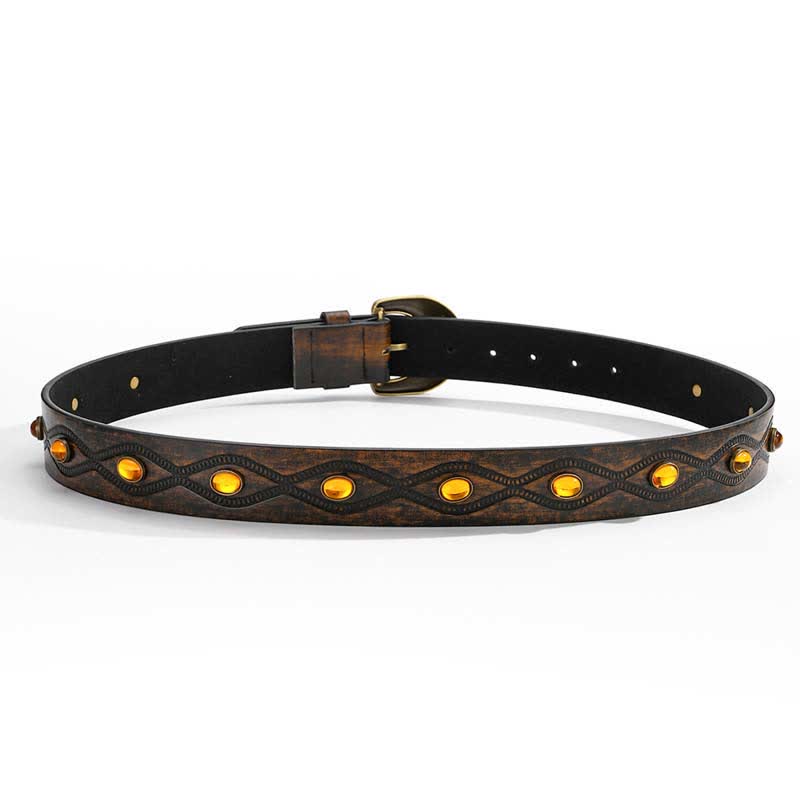 Ceinture en cuir à rivets et pierres précieuses brillantes couleur café foncé