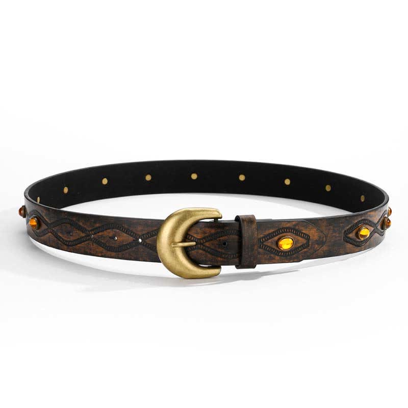 Ceinture en cuir à rivets et pierres précieuses brillantes couleur café foncé