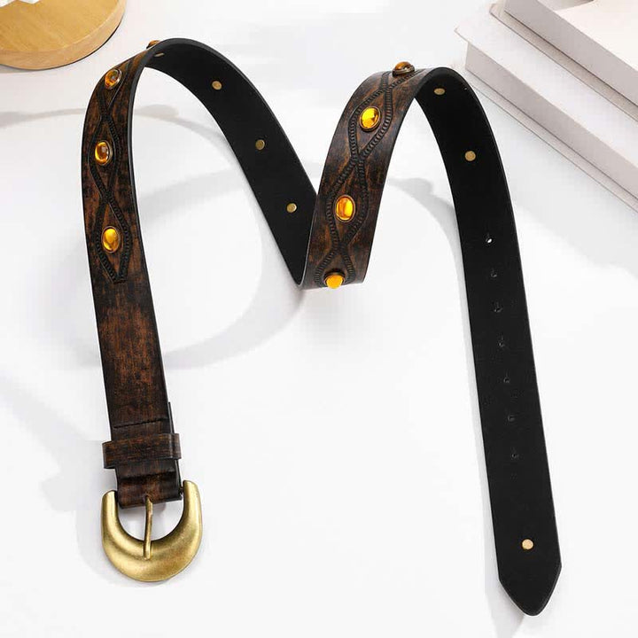 Ceinture en cuir à rivets et pierres précieuses brillantes couleur café foncé