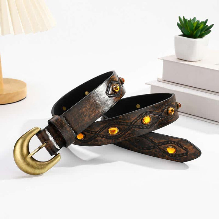 Ceinture en cuir à rivets et pierres précieuses brillantes couleur café foncé