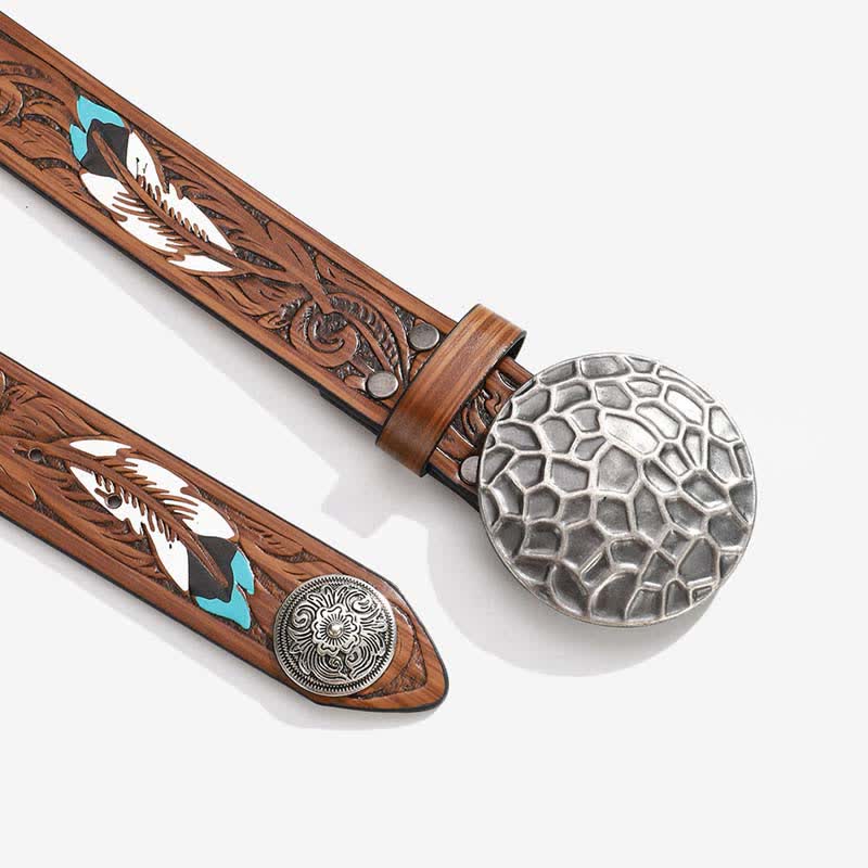 Ceinture en cuir à motif de plumes avec rivets floraux ronds