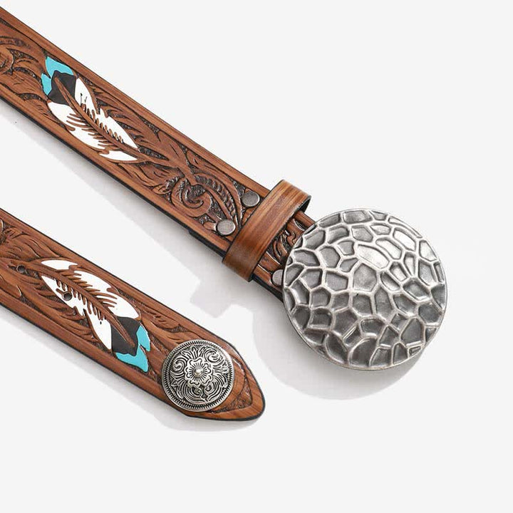 Ceinture en cuir à motif de plumes avec rivets floraux ronds