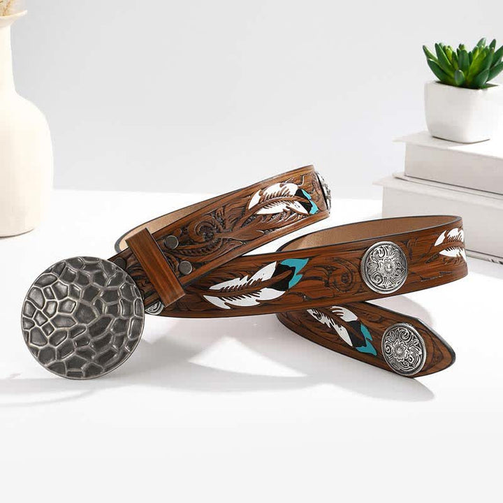 Ceinture en cuir à motif de plumes avec rivets floraux ronds