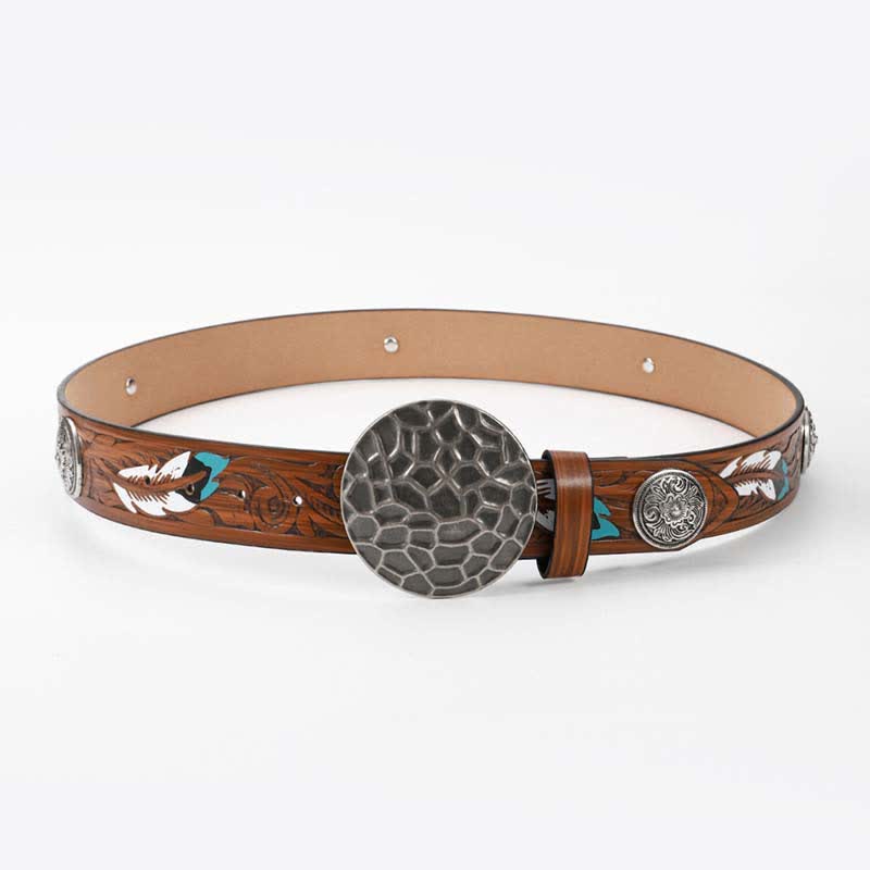 Ceinture en cuir à motif de plumes avec rivets floraux ronds