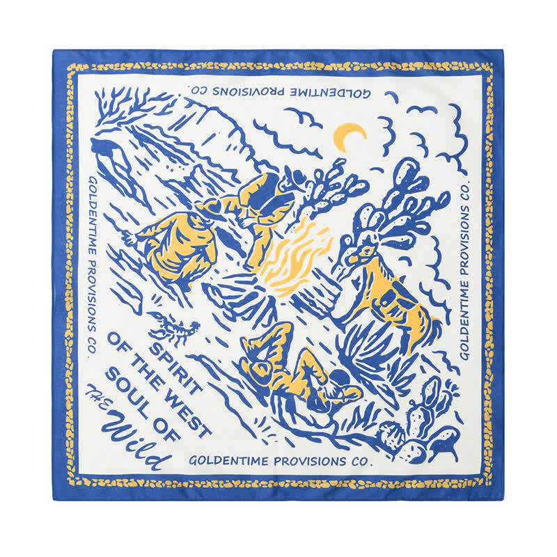Foulard carré blanc et bleu motif feu de camp de cow-boy