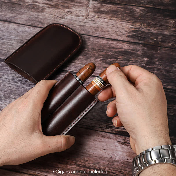 Cave à cigares portable en cuir marron (pour deux cigares)