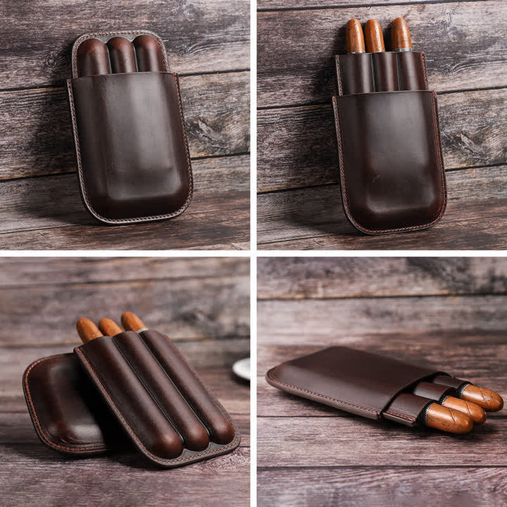 Cave à cigares portable en cuir marron (pour trois cigares)