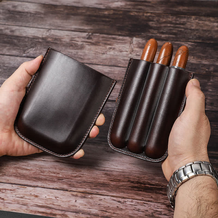 Cave à cigares portable en cuir marron (pour trois cigares)
