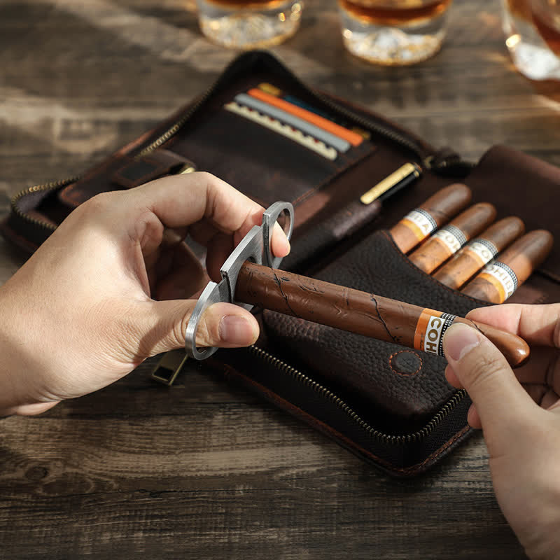 Étui à cigarettes de voyage en cuir à fermeture éclair de grande capacité (pour cinq cigares)