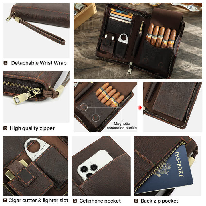 Étui à cigarettes de voyage en cuir à fermeture éclair de grande capacité (pour cinq cigares)