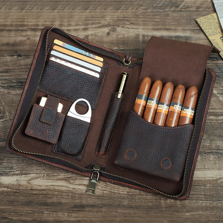Étui à cigarettes de voyage en cuir à fermeture éclair de grande capacité (pour cinq cigares)