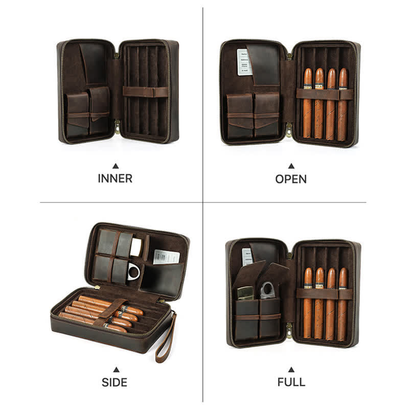 Étui à cigares en cuir de vachette Crazy Horse avec fermeture éclair (pour quatre cigares)