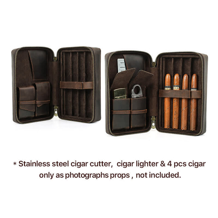 Étui à cigares en cuir de vachette Crazy Horse avec fermeture éclair (pour quatre cigares)